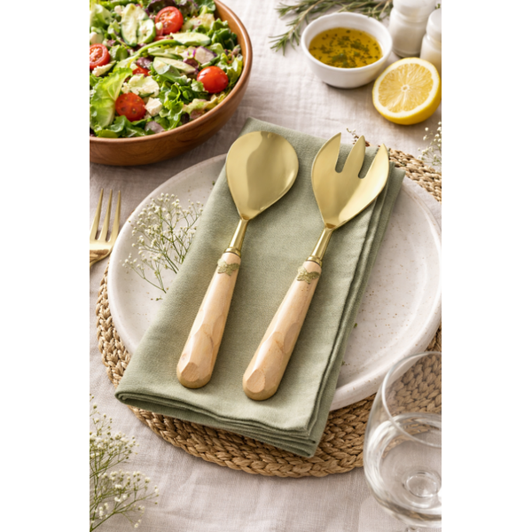 Conjunto 2 Talheres Para Salada Aço Inox Dourado Borboleta