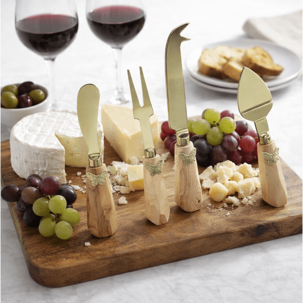 Cj 4 Talheres Servir Queijo Dourado Aço Inox Borboleta Marrom