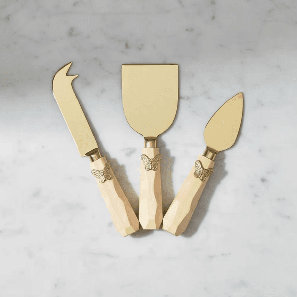 Jogo De Facas Para Queijo 3 Peças Aço Inox Dourado Borboleta