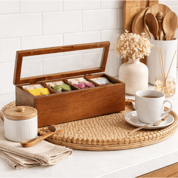 Caixa P/ Chá E Especiarias Madeira Acacia Tampa Acrilico