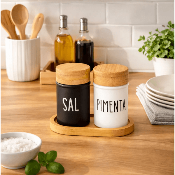 Saleiro E Pimenteiro Vidro Base Tampa Bambu 90ml Doha 3 Pçs
