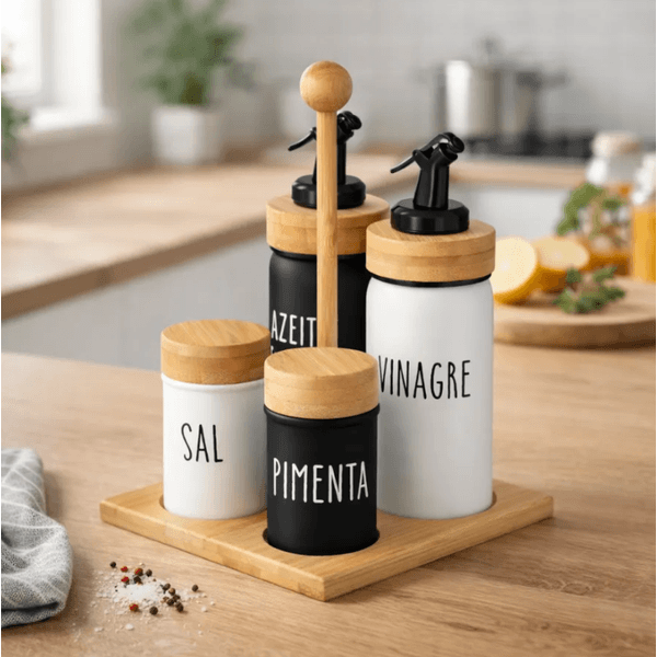 Galheteiro 5 Peças Com Suporte Bambu Saleiro Pimenteiro Doha