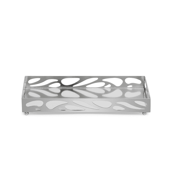 Bandeja Decorativa Retangular Em Metal Prata C Espelho 24cm