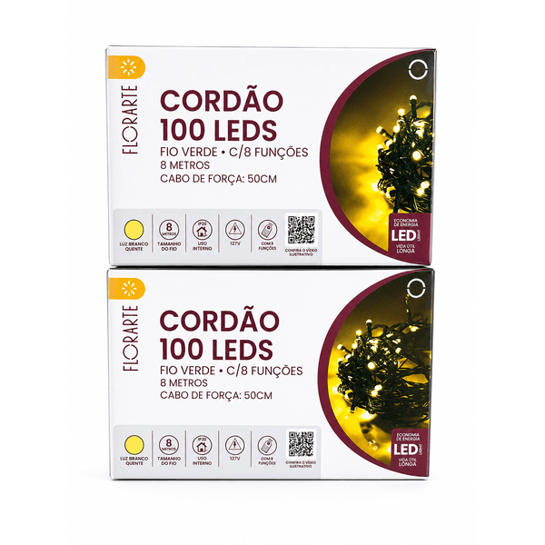 Pisca Cordão De Natal 8m 100 Led Cordão 8 Funções Branco Quente 127V
