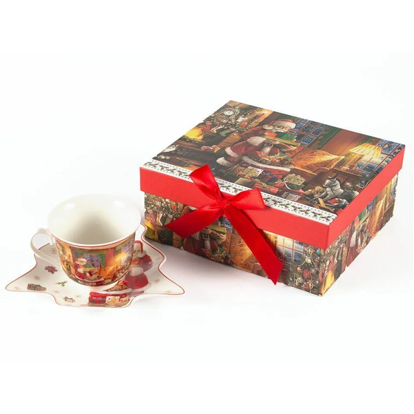 Conj. Xicara C/ Pires Em Porcelana Árvore De Natal Caixa Presente