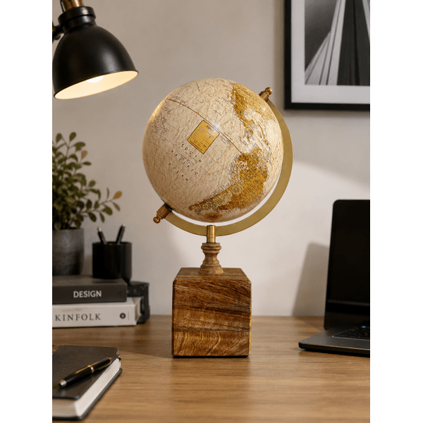 Globo Terrestre Decorativo Base Madeira Metal Bege 31cm Luxo