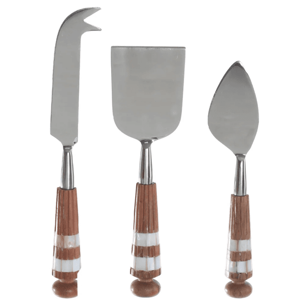Jogo De Facas Queijo 3 Peças Aço Inox Madeira Acacia Madreperola