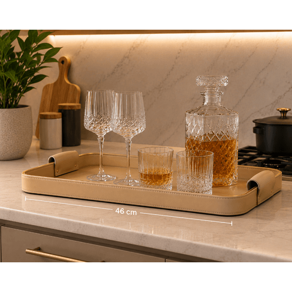 Bandeja Decorativa Revestimento Pu Alças Bege Dourado 46cm