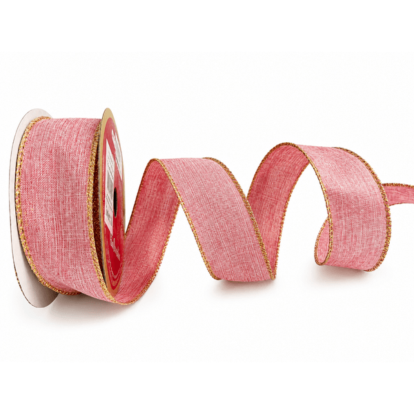 Fita De Natal Aramada 3,8cm Rosa Com Dourado 9,14mts