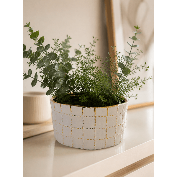 Cachepot Redondo Decorativo Cerâmica Branco E Dourado 20cm