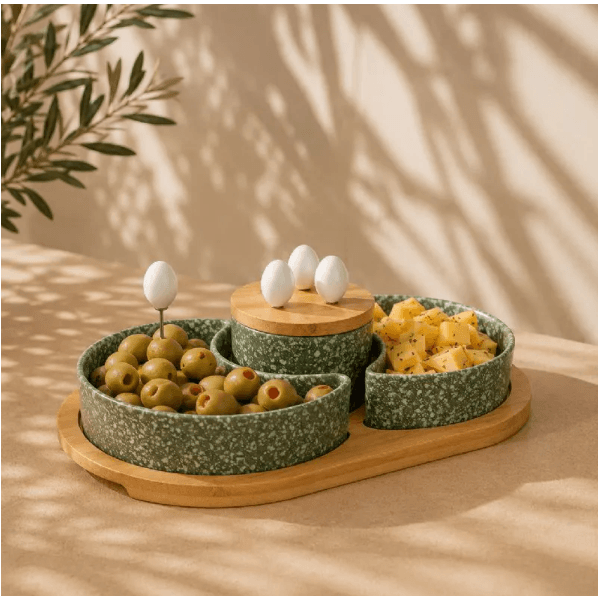 Petisqueira Verde Suporte com 2 Bowls e 4 Pegadores Petisco