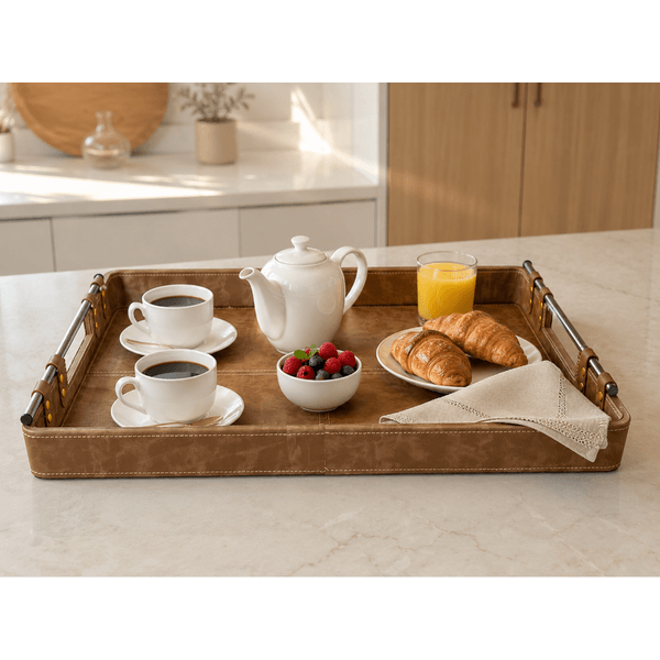 Bandeja Decorativa Alça Em Metal Couro Sintético Marrom 53cm