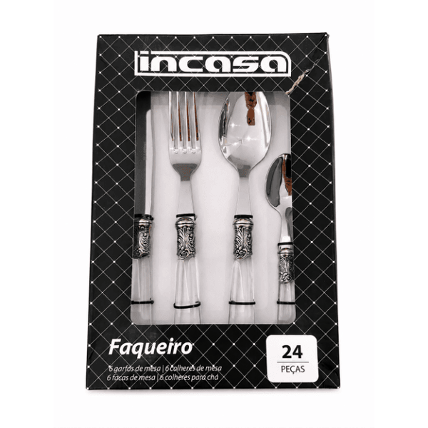 Faqueiro Premium em Metal C/24 Pcs Prata Cabo Transparente