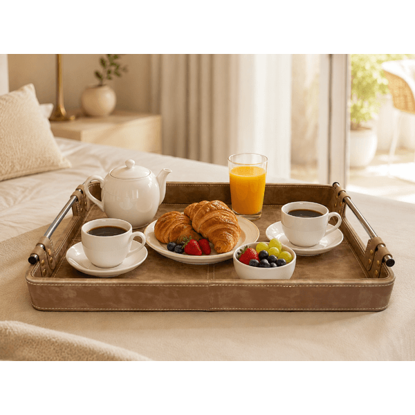 Bandeja Decorativa Alça Em Metal Couro Sintético Marrom 45cm
