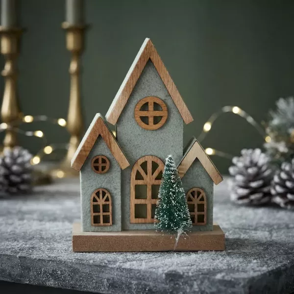 Enfeite De Natal Casinha Decorativa Madeira E Led Verde 16cm