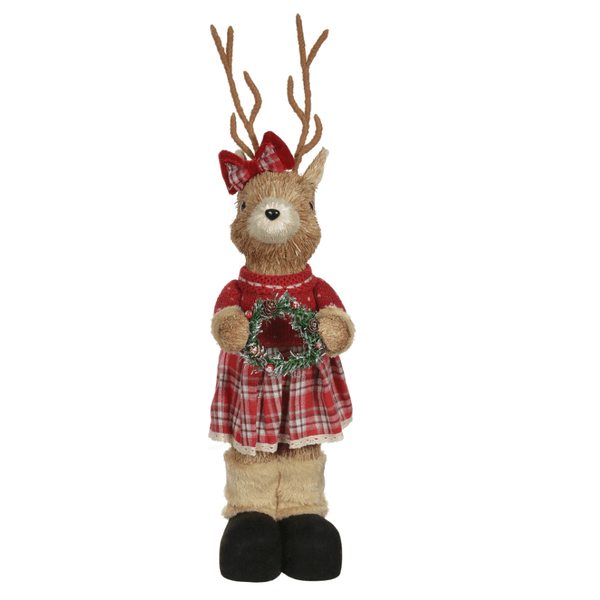 Rena Natal em Pé com Vestido e Laço Palha Vermelho 53cm