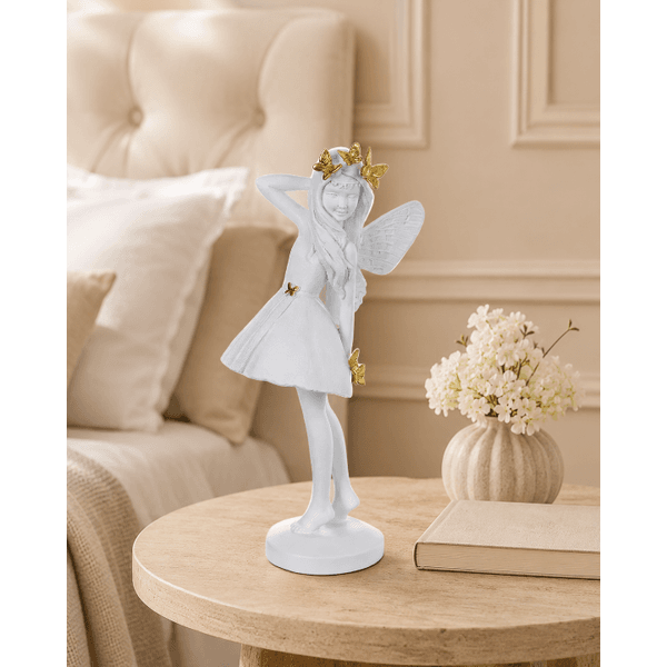 Escultura Decor Poliresina Menina Fada Branco Dourado 24,5cm