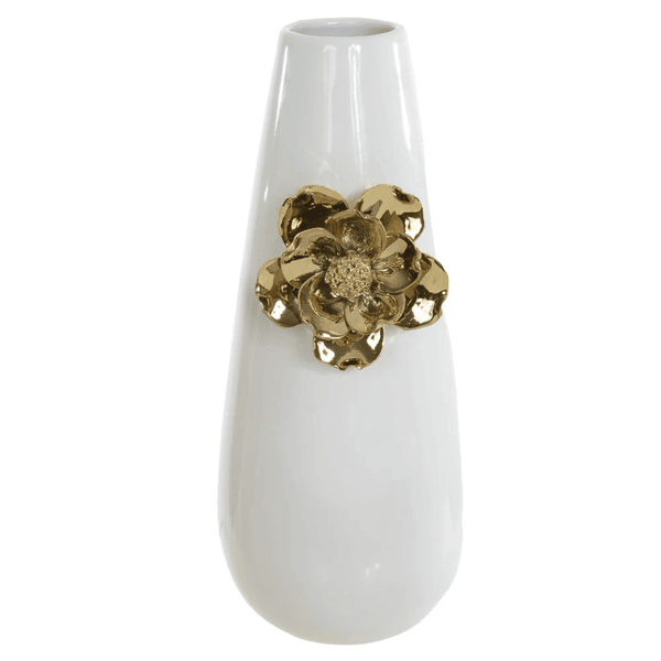 Vaso Decorativo Cerâmica Branco com Flor Dourada 32,3cm 15d