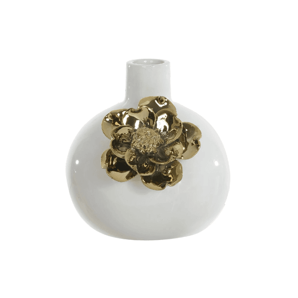 Vaso Decorativo Cerâmica Branco com Flor Dourada 12,5cm 13,5d