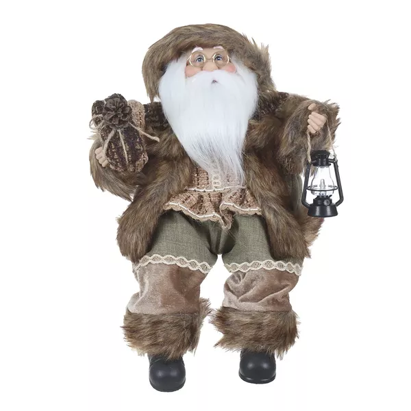 Papai Noel Natal Sentado Bege e Marrom Presente e Lanterna 45cm