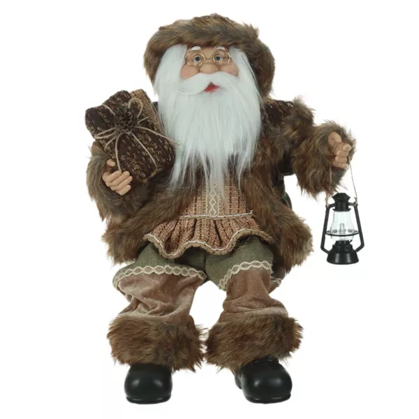 Papai Noel Natal Sentado Bege e Marrom Presente e Lanterna 60cm