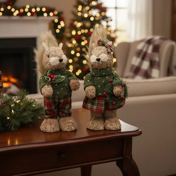 Boneco Natalino Casal Esquilo Xadrez Decoração Natal