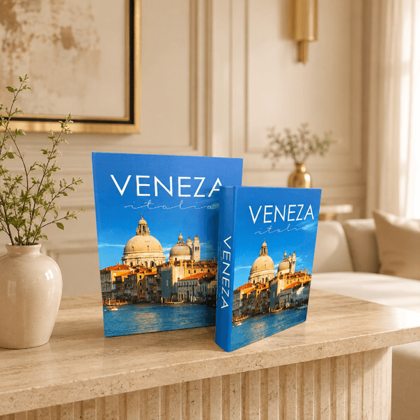 Jogo 2 Caixa Livro Azul Veneza Italia Luxo Decoração