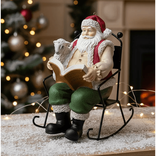 Papai Noel Cadeira de Balanço com Livro e Ovelha 15cm