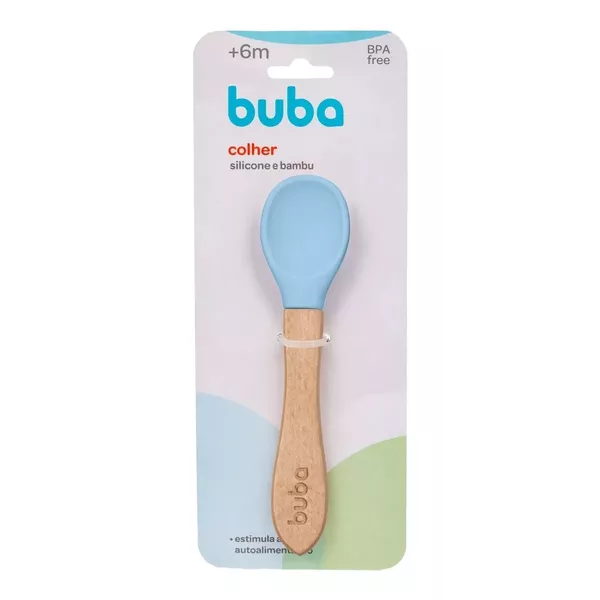 Colher Infantil Bebê Em Silicone E Bambu Buba - Azul