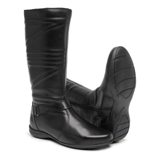 Bota Feminina Em Couro Legítimo Com Detalhes Laterais