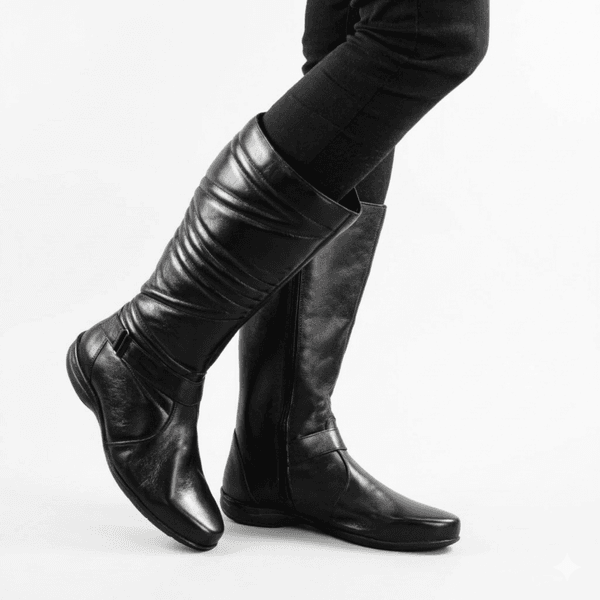 Bota Feminina Em Couro Legítimo Com Detalhes Laterais