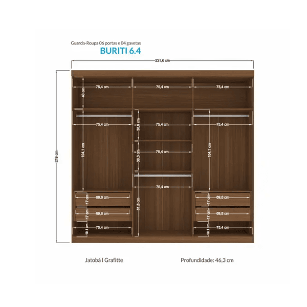 GUARDA ROUPA BURITI 6 PORTAS C/ PES JATOBA/GRAFITE SANTOS ANDIRA 