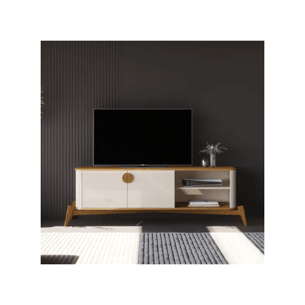 Rack Bancada Buriti 1.4 com Puxador e Pés em Madeira Maciça OffWhite/Nature JB Bechara