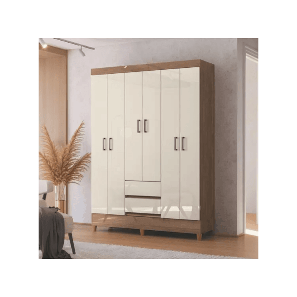 GUARDA ROUPA FIT 6 PORTAS 2 GAVETAS COM PÉS JEQUITIBA/OFF WHITE SANTOS ANDIRA