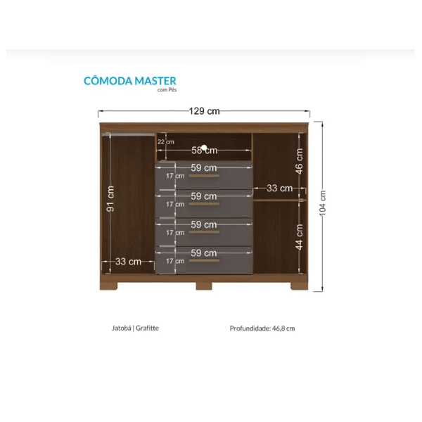 Cômoda Havana Master 2 Portas 4 Gavetas c/ Pes Jatoba/Grafite Santos Andirá 