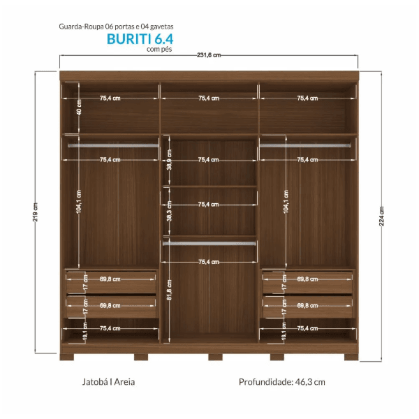 GUARDA ROUPA BURITI 6 PORTAS C/ PES JATOBA AREIA SANTOS ANDIRA