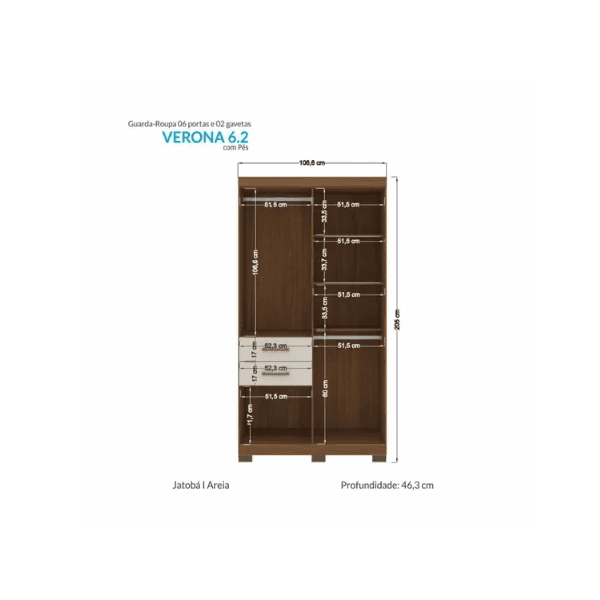 Guarda Roupa Solteiro Verona 6 Portas 2 Gavetas Jatoba/Areia Santos Andira