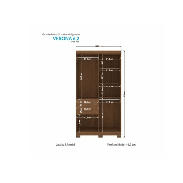 Guarda Roupa Solteiro Verona 6 Portas 2 Gavetas Jatoba Santos Andira