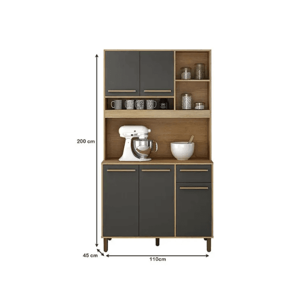 ARMARIO DE COZINHA AMETISTA 5 PORTAS 1 GAVETAS CINAMOMO/GRAFITE VALDE MOVEIS