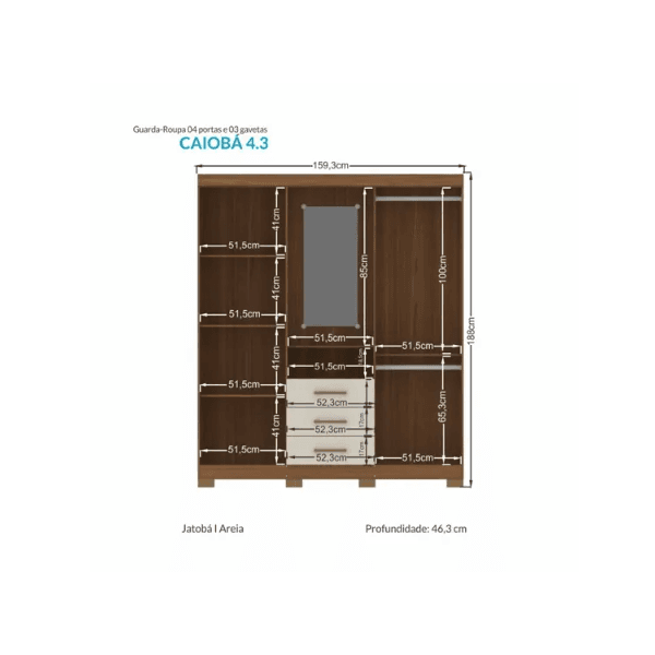 Guarda Roupa Solteiro com Espelho 4 portas e 3 gavetas Caioba Jatoba/ Areia Santos Andira