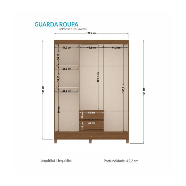 GUARDA ROUPA FIT 6 PORTAS 2 GAVETAS COM PÉS JEQUITIBA/OFF WHITE SANTOS ANDIRA