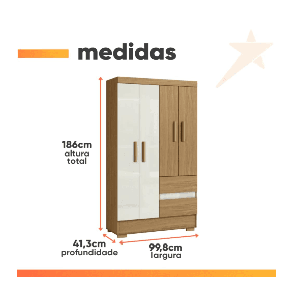 GUARDA ROUPA SOLTEIRO COIMBRA 4 PORTAS 2 GAVETAS ATACAMA/OFF WHITE - ARAMÓVEIS