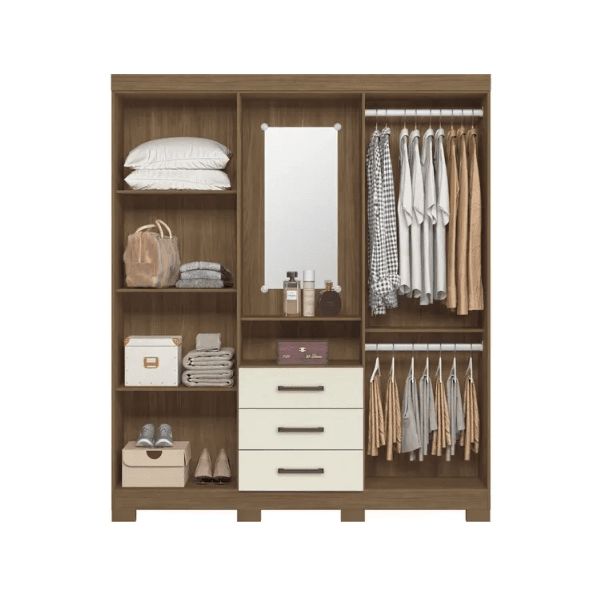 Guarda Roupa Solteiro com Espelho 4 portas e 3 gavetas Caioba Jatoba/ Areia Santos Andira
