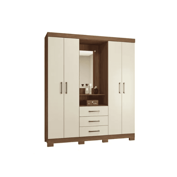 Guarda Roupa Solteiro com Espelho 4 portas e 3 gavetas Caioba Jatoba/ Areia Santos Andira