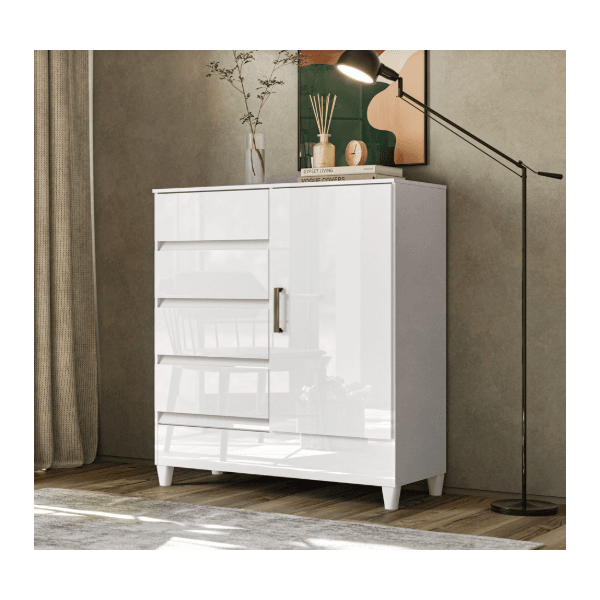 CÔMODA FIT 1 PORTA 4 GAVETAS C/PÉS BRANCO/BRANCO – SANTOS ANDIRÁ