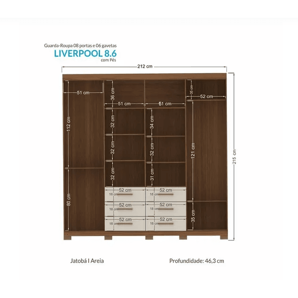 Guarda Roupa Casal Liverpool 8 Portas 6 Gavetas Jatoba/Areia Santos Andira