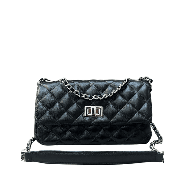 Bolsa Lavínia Couro Preto com Ferragens Prata