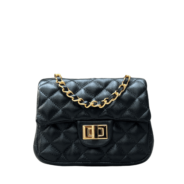 Bolsa Kiara Pequena Couro Preto com Ferragens Dourada