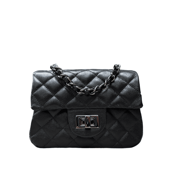 Bolsa Kiara Pequena Couro Preto com Ferragens Grafite