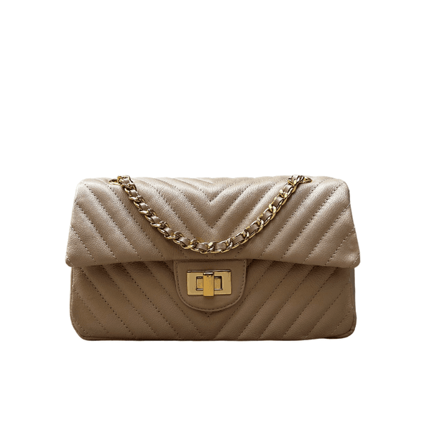 Bolsa Kiara Média Chevron Couro Nude com Ferragens Douradas